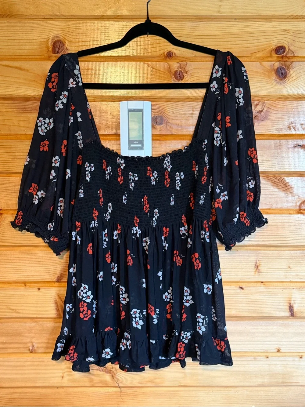 Free People Black Smocked Bodice Floral Peasant Top with Red & White Accents XL